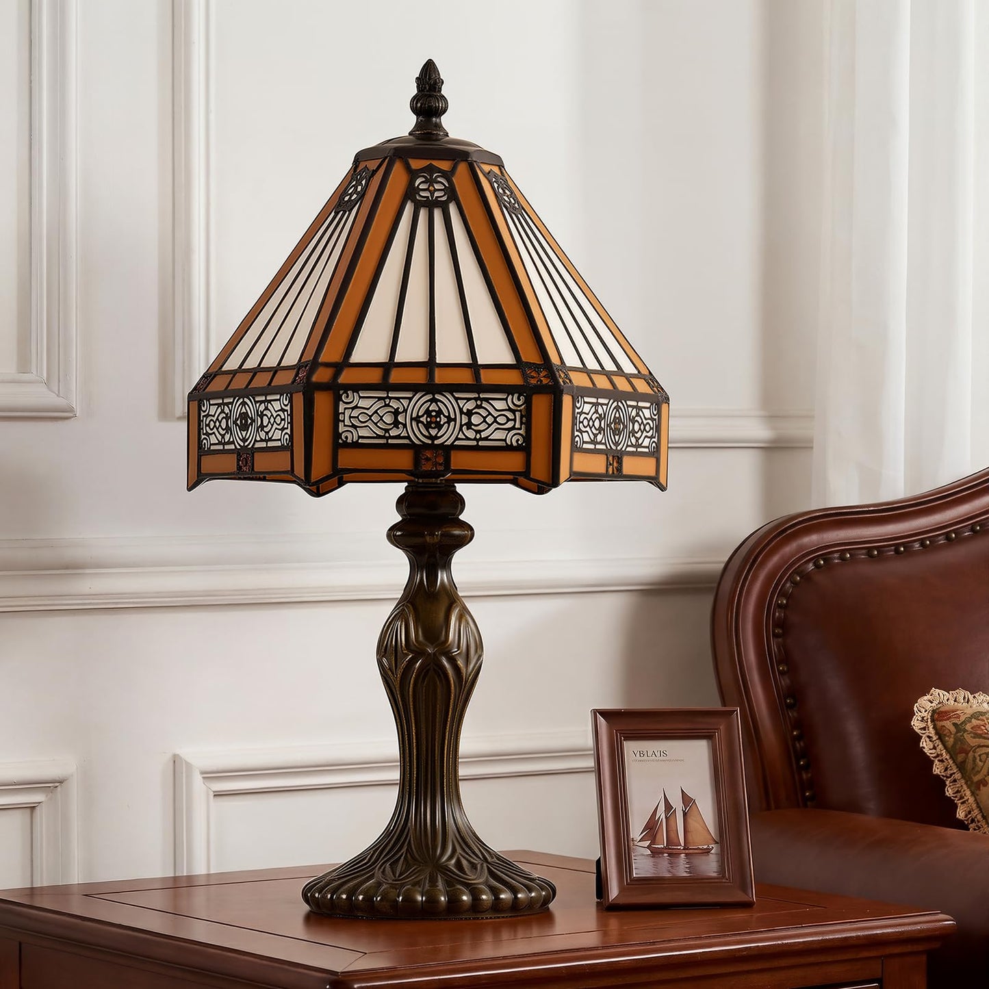 Drqvonth Tiffany Table Lamp, 8" W x 14.3" H Amber Stained Glass Desk Lamp
