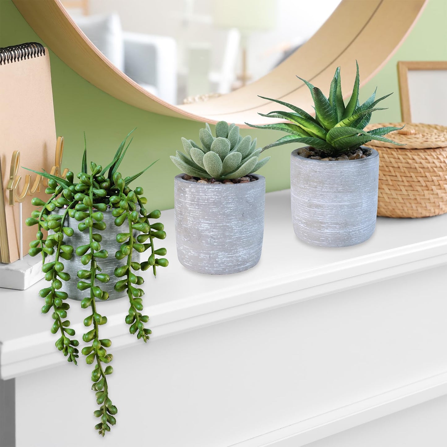 Winlyn 3 Pack Artificial Potted Succulent Plants Faux Aloe Echeveria String of Pearls Succulents in Gray Cement Pots Small Decorative Plants for Home Office Table Shelf Windowsill Greenery Décor