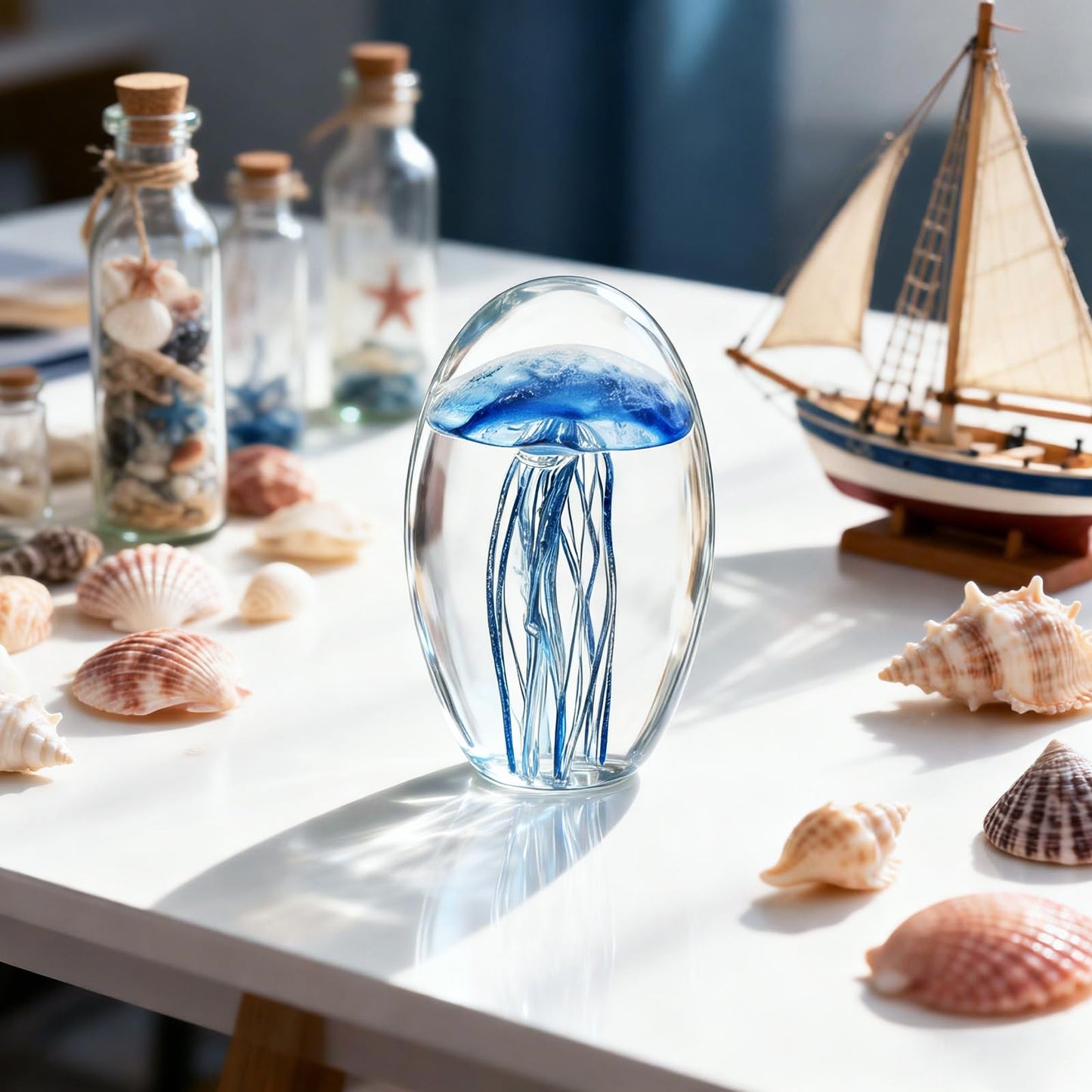 Lovmeety Glass Jellyfish Paperweight, Hand Blown Glass Jellyfish Figurine Sea Creature Paperweight Art Decoration for Home Room Office Party