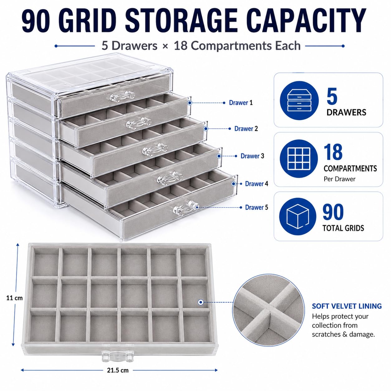 IRSTBL - Rock Collection Display Case - 90 Grid Crystal Shell Storage Box - Mineral Collection Display Cabinet with 5 Drawers