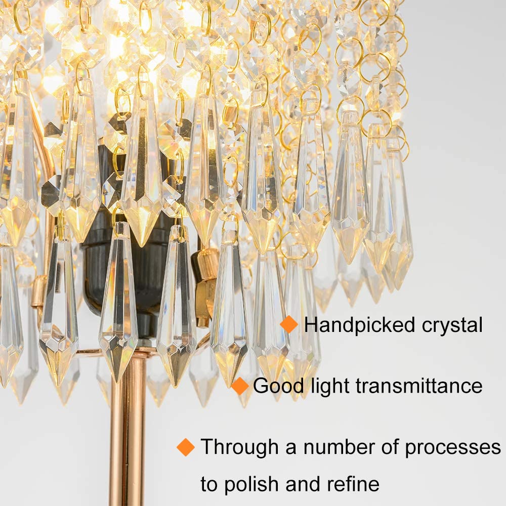 Popity home Crystal Table Lamps Set of 2, Gold Lamps for nightstand with 2 USB Charging Ports, 3-Way Touch Dimmable Crystal Desk Lamp, Gold Bedside Lamp with Elegant Shade for Bedroom, Living Room