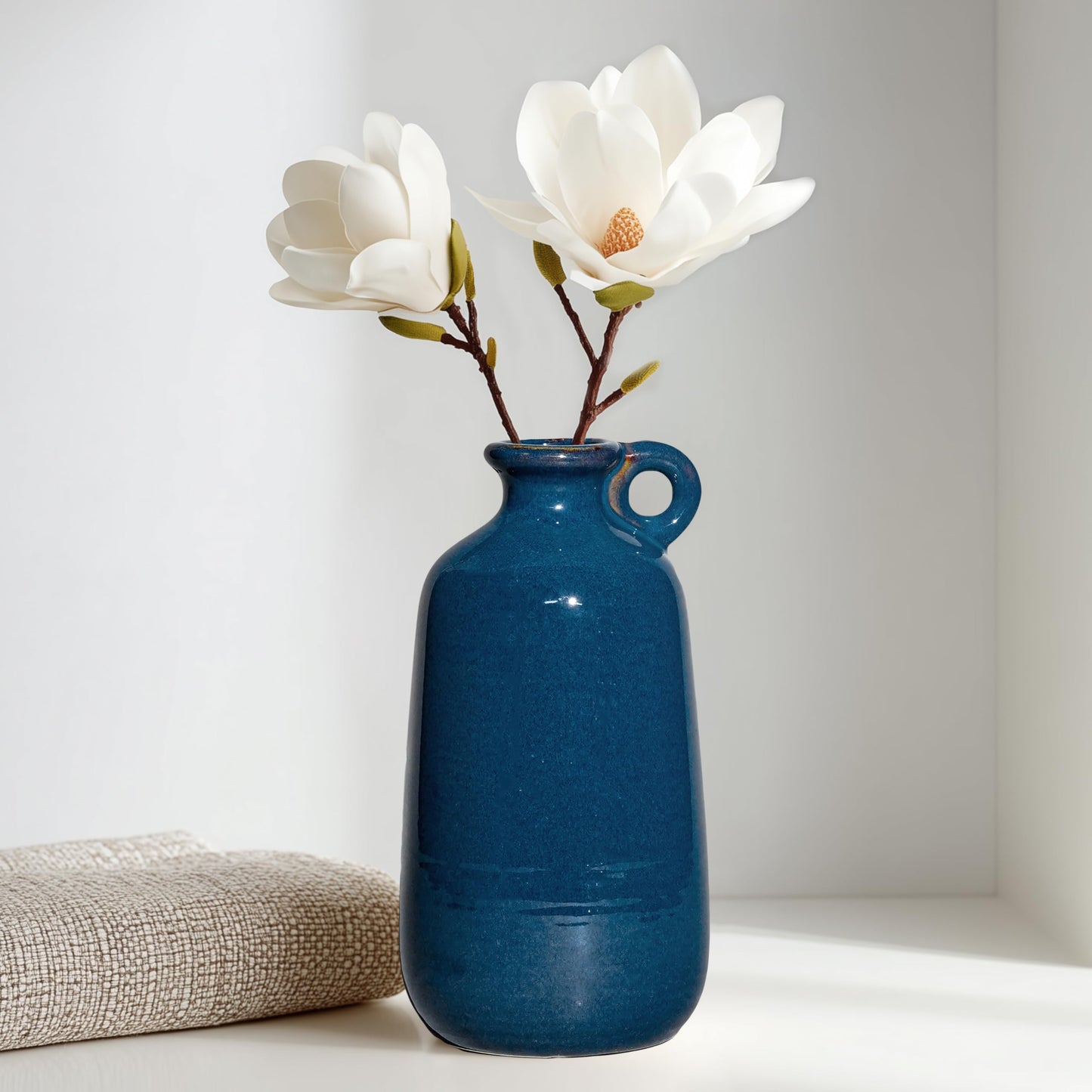 Sunddo Blue Ceramic Flower Vase 10 Inch - Tall Modern Decorative Vase with 1 Handle, Cobalt Blue Decor for Entryway & Mantel, Living Room, Table Decor