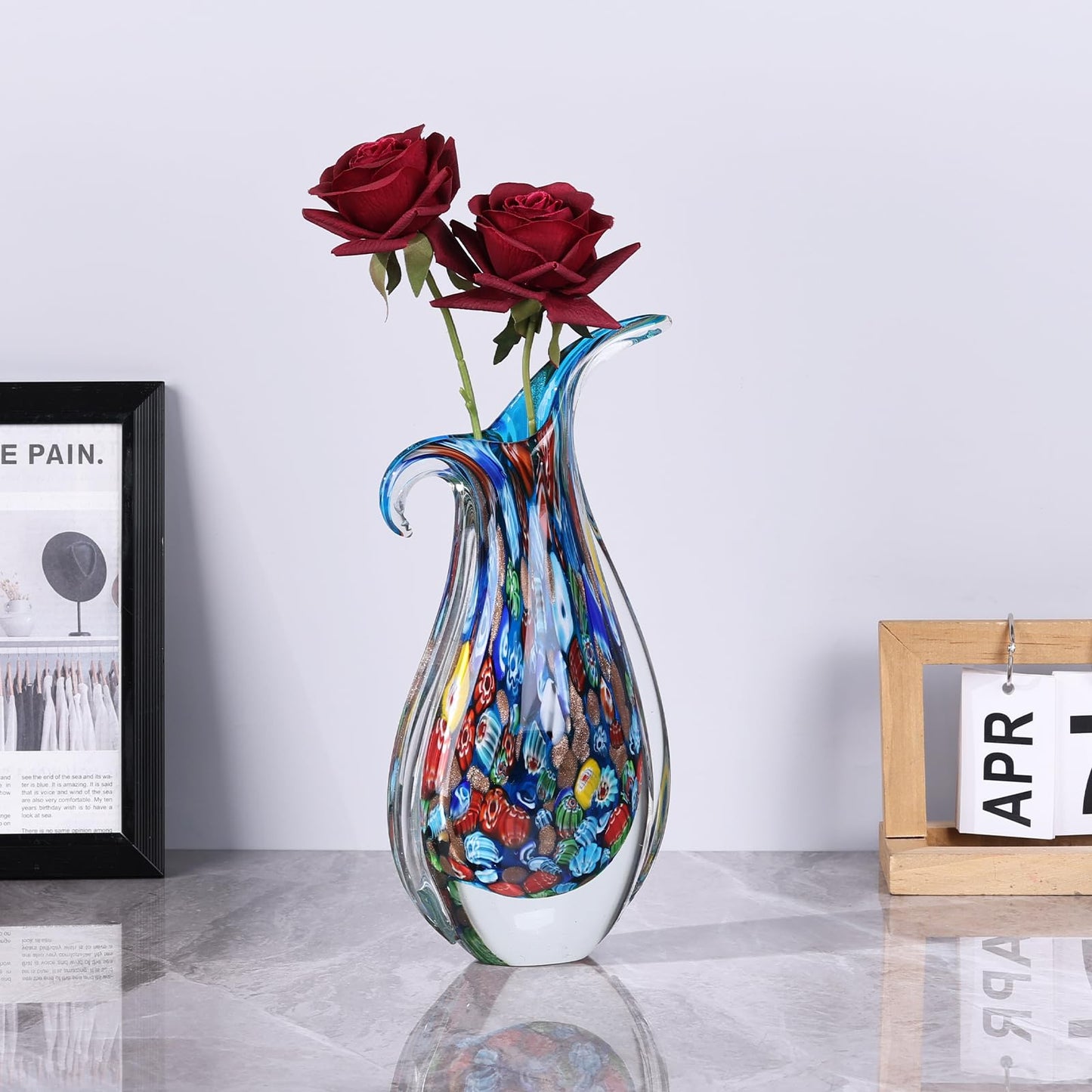 GrivSheen Hand Blown Glass Vase for Centerpiece, Murano Style Table Decoration, Blue Blown Art Glass Ellipse Flower Vase, Single Stem Beautiful Decor for Home, Beachy Room Decor for Home Shelf