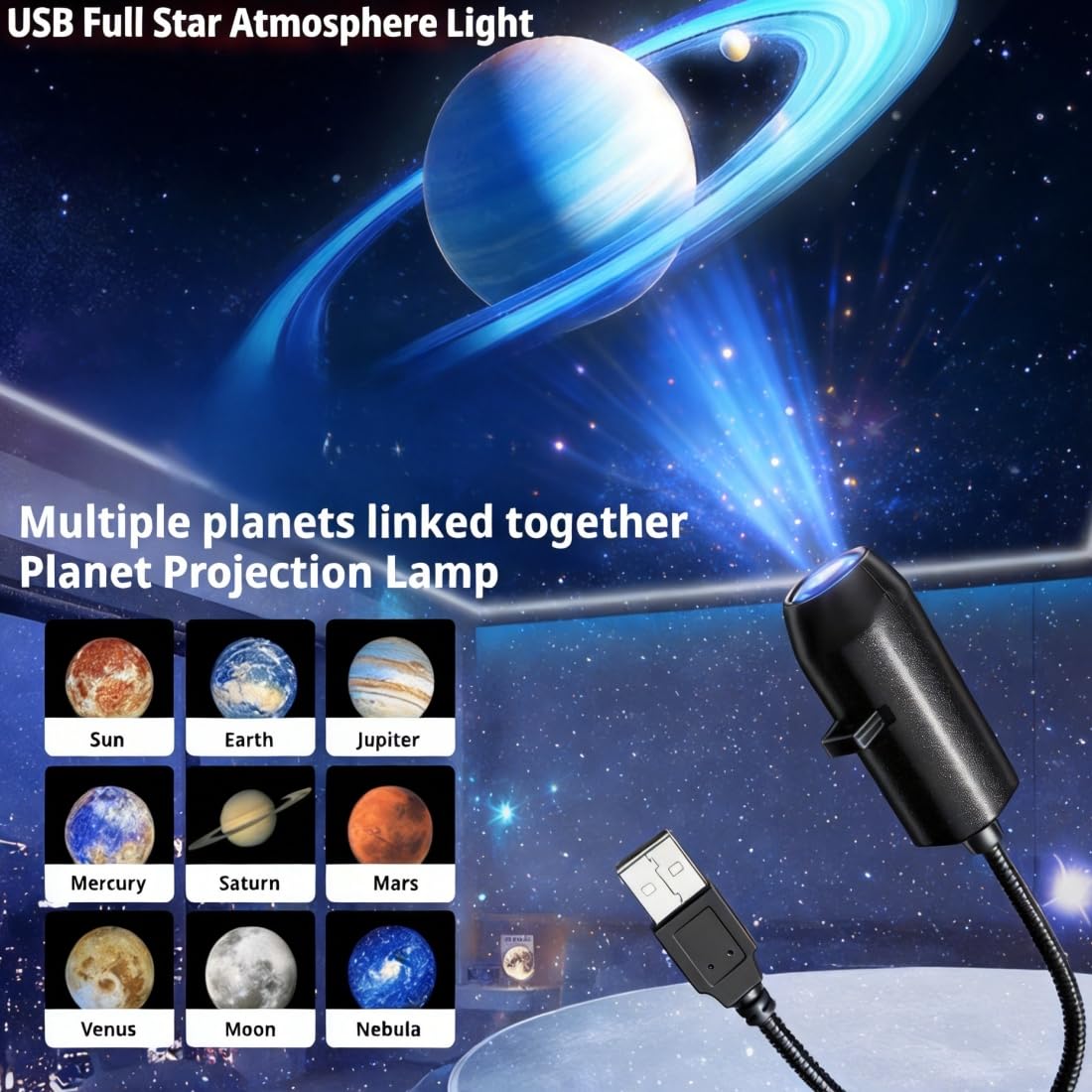 16-in-1 Galaxy Projector Star Night Light for Bedroom - LED Space Projector with 10 Planets & 6 Butterfly Ocean Slides, USB Portable Starry Sky Night Light Projector for Bedroom(16Slides) (Black)