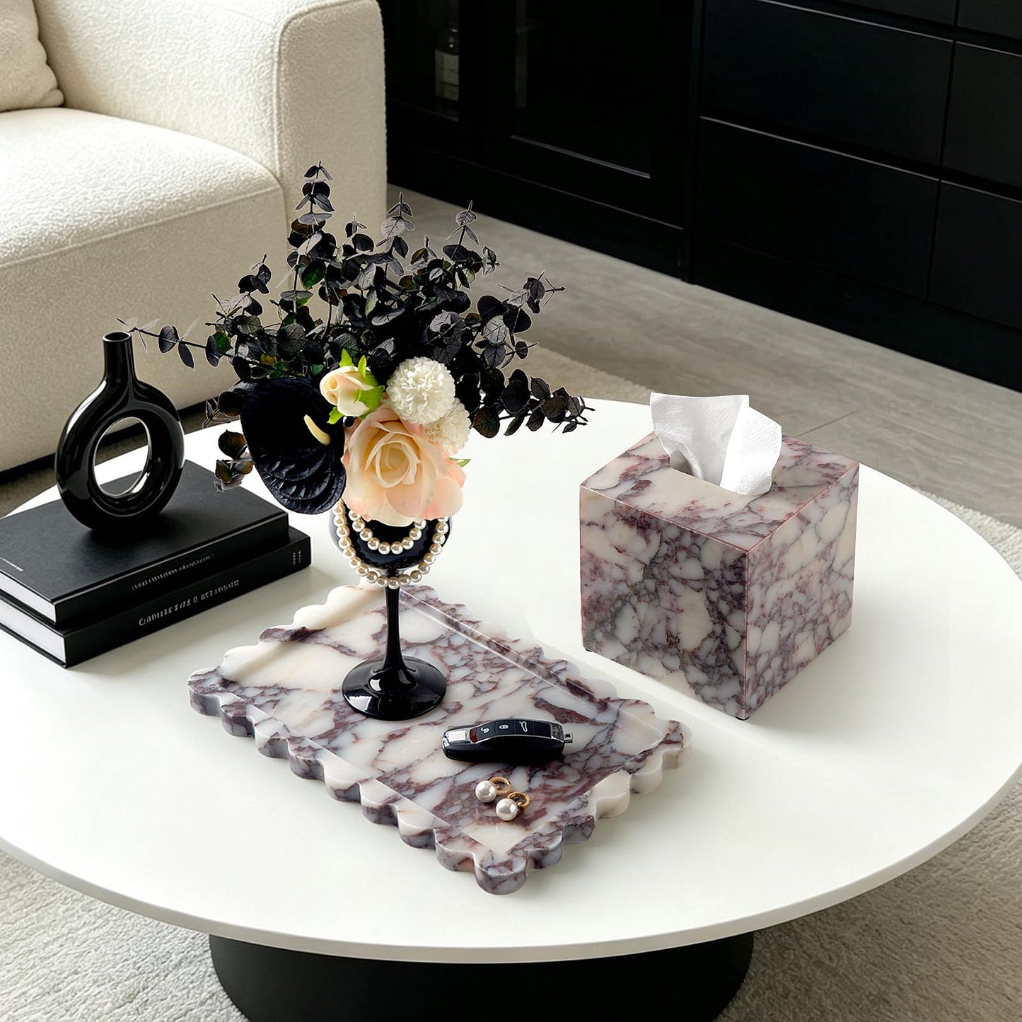 Luxury Natural Calacatta Viola Marble Tissue Box Cover 5.5 Inch Square - Fits Most Standard Tissue Boxes, Heavy-Duty Non-Slip Base, Decor for Bathroom Vanity, Kitchen, Living Room, Office Countertops