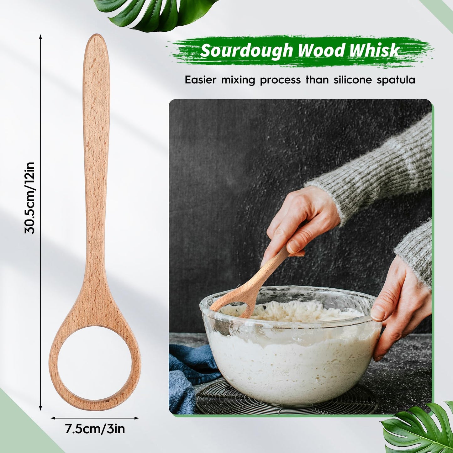 FoldTier 12 Inch Wooden Danish Dough Whisk Sourdough Whisk Dough Mixer Bread Whisking Tool for Mixing Sourdough Bread Baking Supplies for Pastries, Egg, Pizza(2 Pcs)
