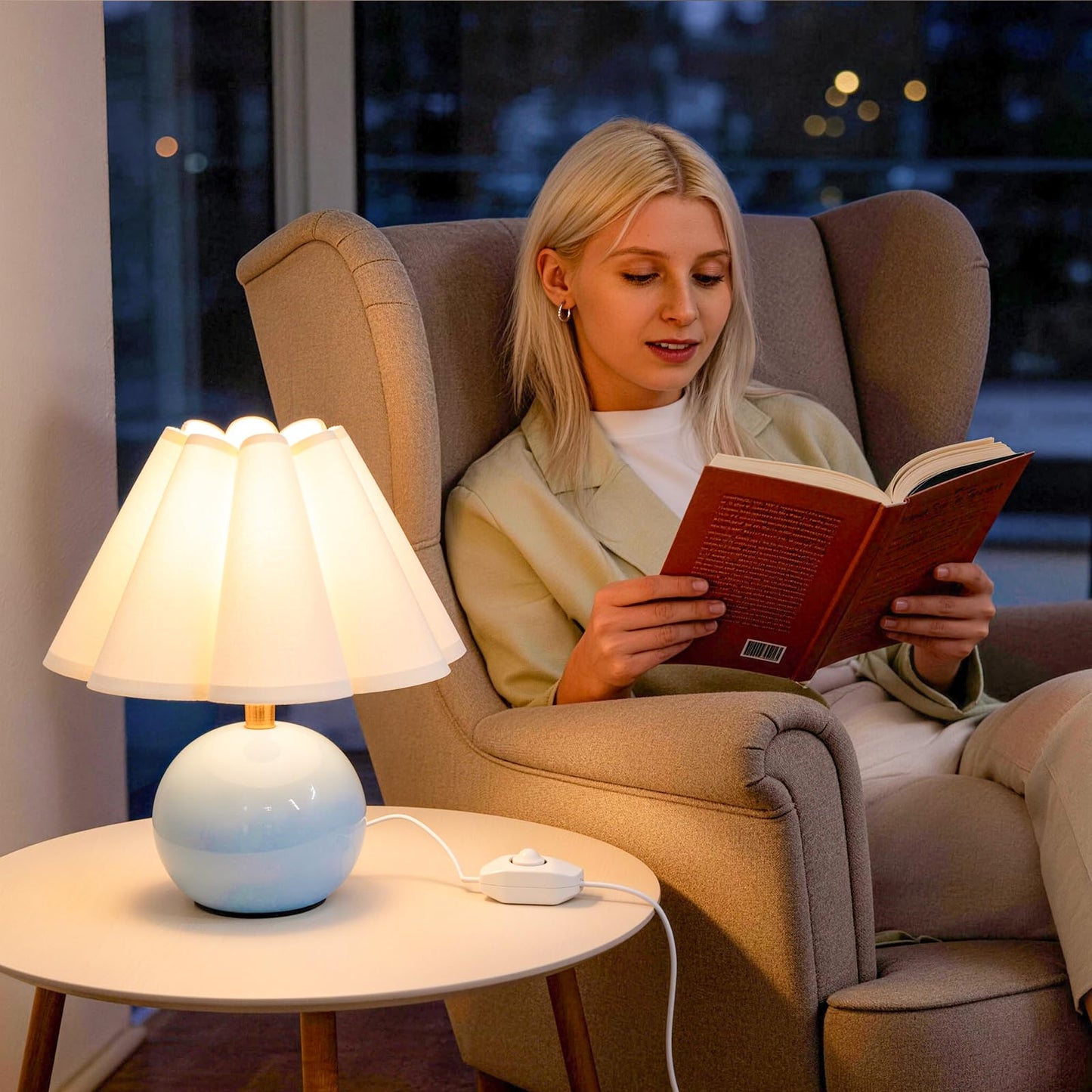 Komothala Small Bedside Table Lamp, Ceramic Stepless Dimmable Lamp with Scalloped Fabric Shade,Decorative Accent Light for Nightstand, Living Room, Console or Kids Dorm,Blue (E26 LED Bulb Included)