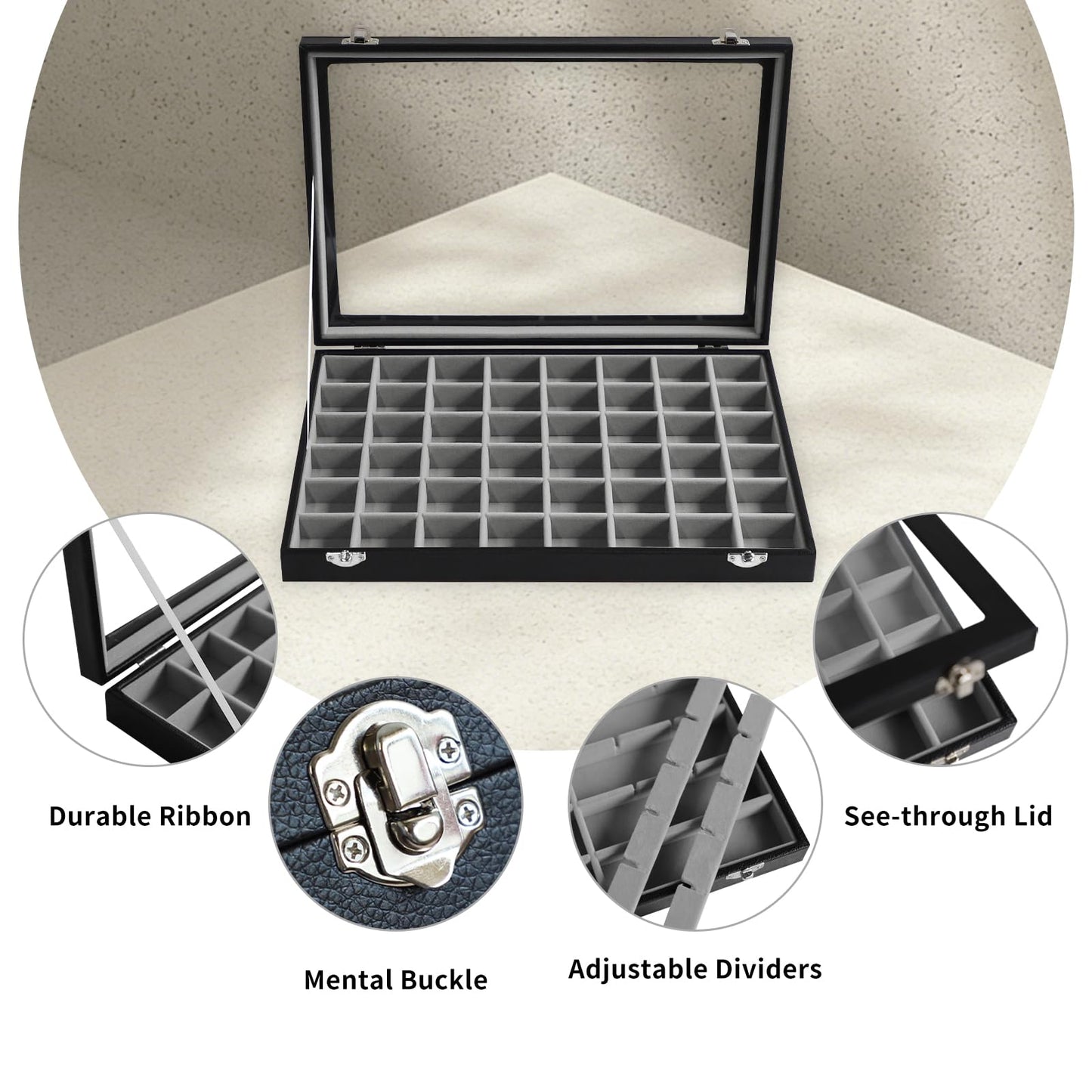 Stratalife Jewelry Organizer 48 Grid Jewelry Tray with Clear Lid Dust-proof Velvet Earring Organizer Necklace Rings Holder Display Drawer Storage Case for Women Gray Black