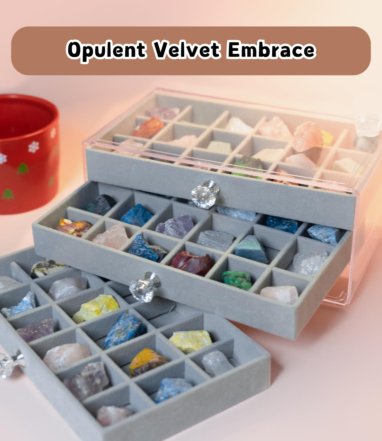 Acrylic Mineral Display Case - 3-Layer Rock Collection Box with 54 Grids & Velvet Lined Drawer | Anti-Tarnish & Dust-Proof Storage for Crystals, Gemstones, Fossils | Jewelry and Specimen Organizer