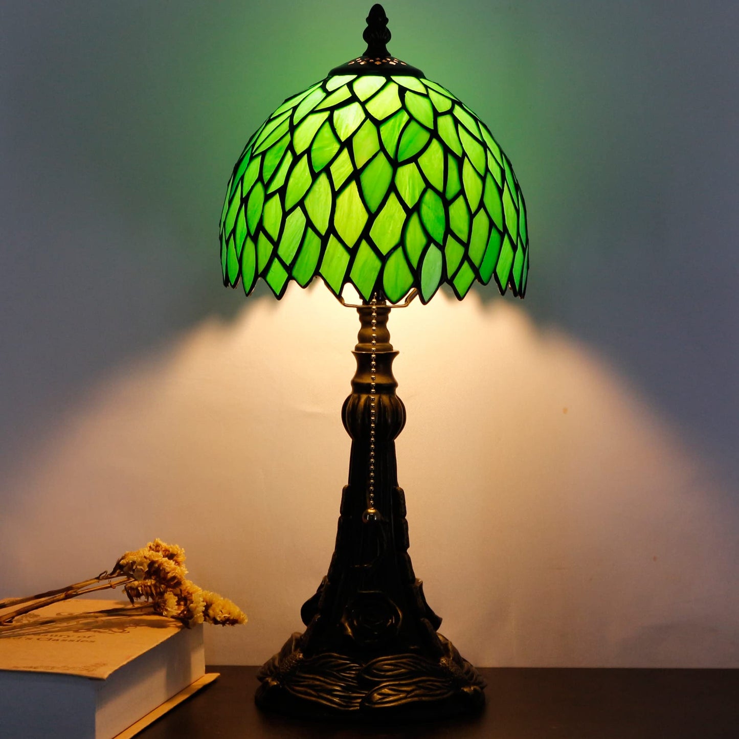 Small Tiffany Lamp Stained Glass Desk Lamp Green Wisteria Leaves Style