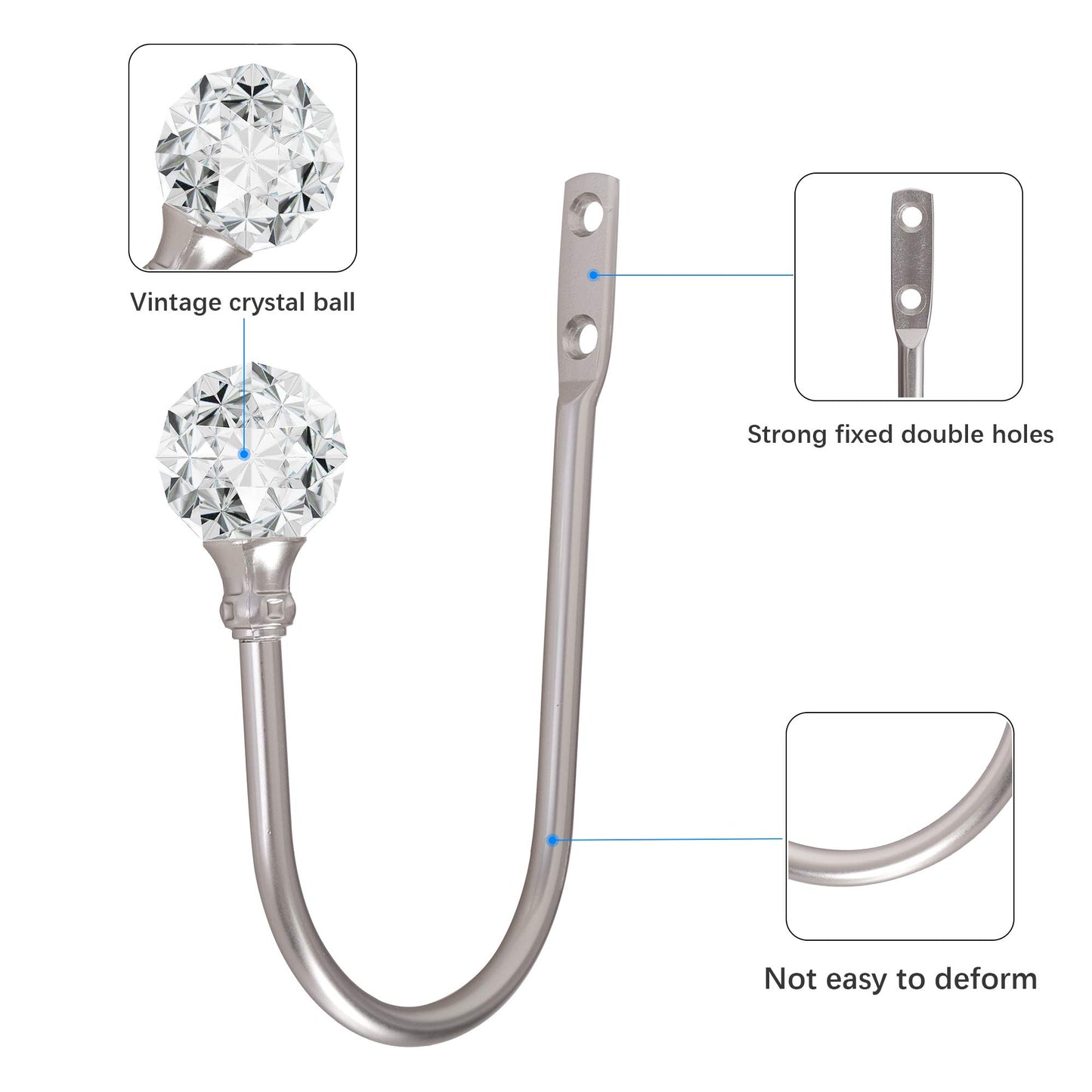 Curtain Holdback, 2pcs Wall Mounted Drapery Tiebacks with Clear Crystal Ball, Heavy Duty Metal Decorative Window Drapery Curtain Holder Curtain Hooks with Screws, Sliver