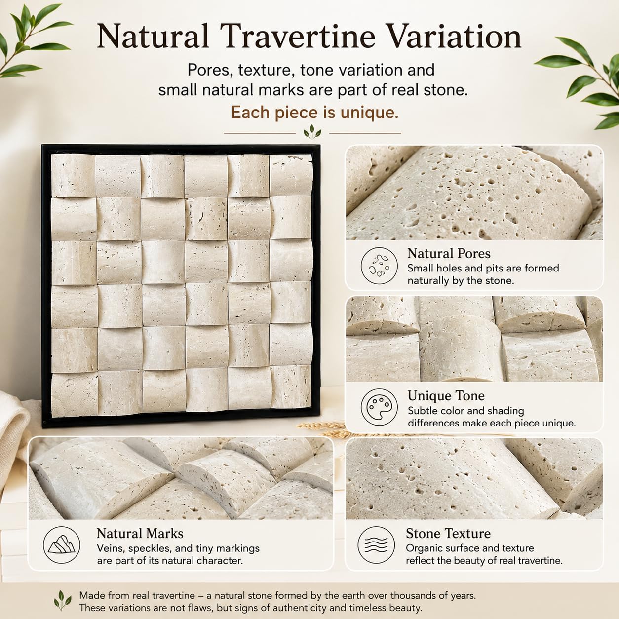 SIRIZEN-DIVING 3D Decorative Travertine Wall Art, Natural Stone Mosaic,Black Frame, Marble Decor, Marble Painting (Beige)