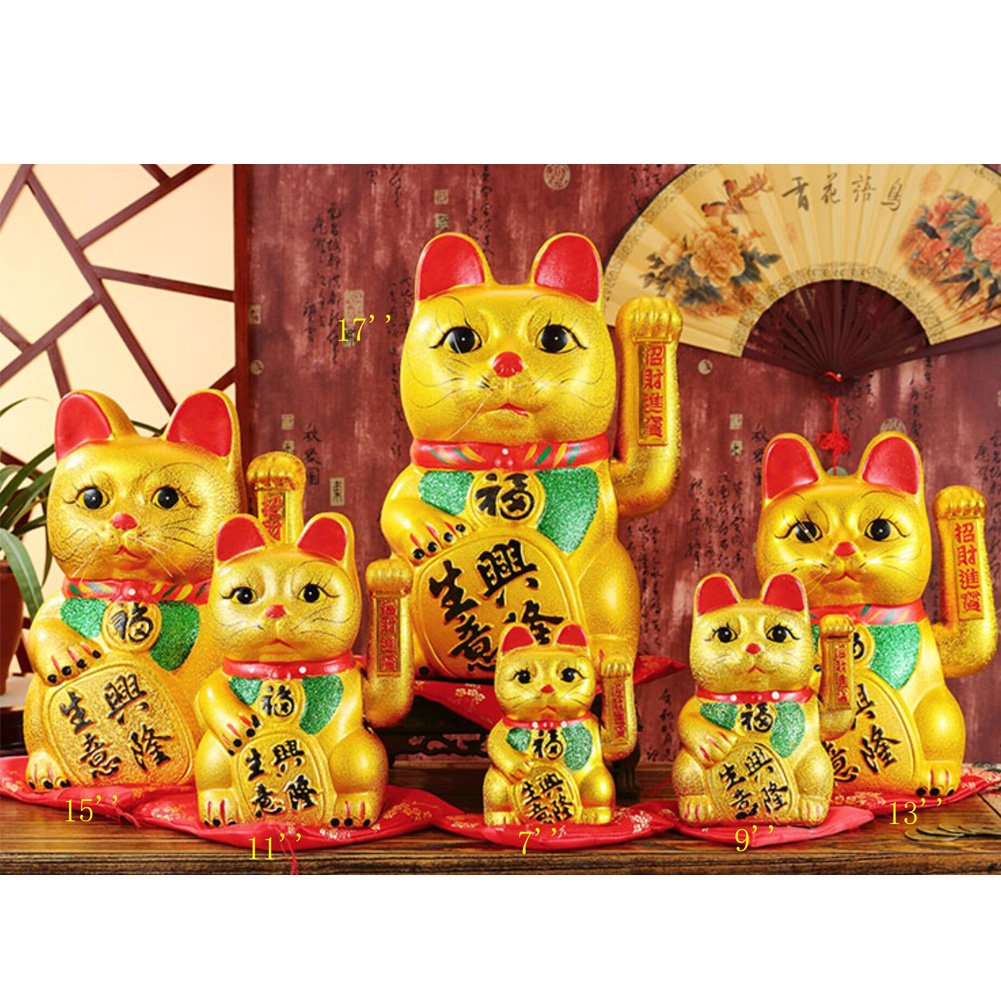 9" Waving Lucky Fortune Cat Maneki Neko Japanese Porcelain Lucky Cat H21CM