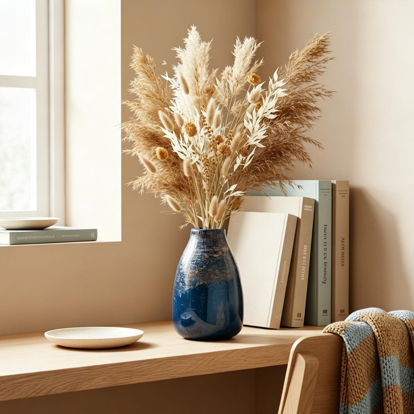 Hand Blown Glass Vase,Unique Navy Blue Gold Glass Vase, Modern Art Decor,Suitable for Living Room Coffee Tables,Wedding Centerpieces,Dining Tables,Office Centerpiece Floral Arrangements (Blue, 9in)
