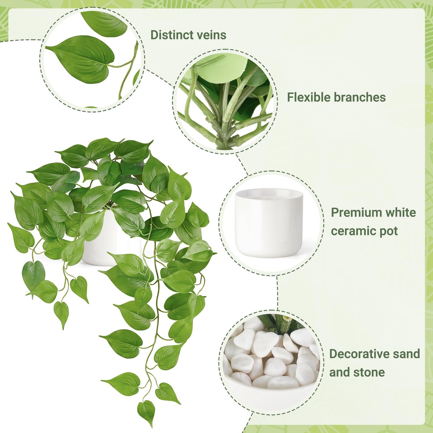 Mkono Fake Hanging Plants with Ceramic Pot, 25" Artificial Plants for Home Decor Indoor Faux Green Leaf Plant with Modern White Planter for Desk Shelf Bathroom Decoration (Pothos) (Green)
