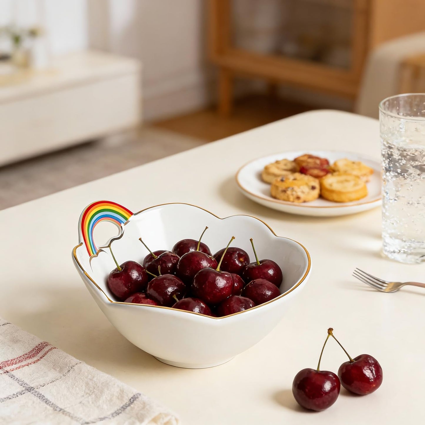 WAIT FLY Rainbow and Cloud Ceramic Salad Bowl, Dessert Bowls, Serving Bowls for Cereal Soup Snacks Appetizer-White-5.5 Inch