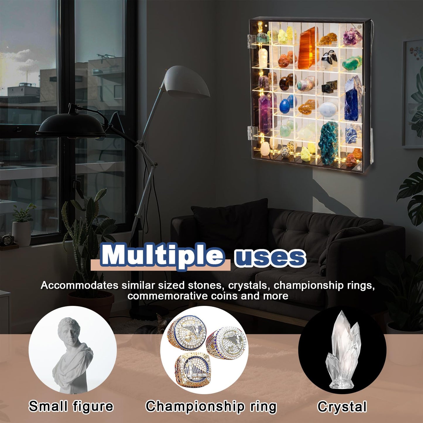 Cinnvoice Rock Display Case LED Adjustable Acrylic Display Case with Mirrored Crystal Organizer for Collectible, Mineral Crystal, Stones, Wall Mount, Magnetic Door