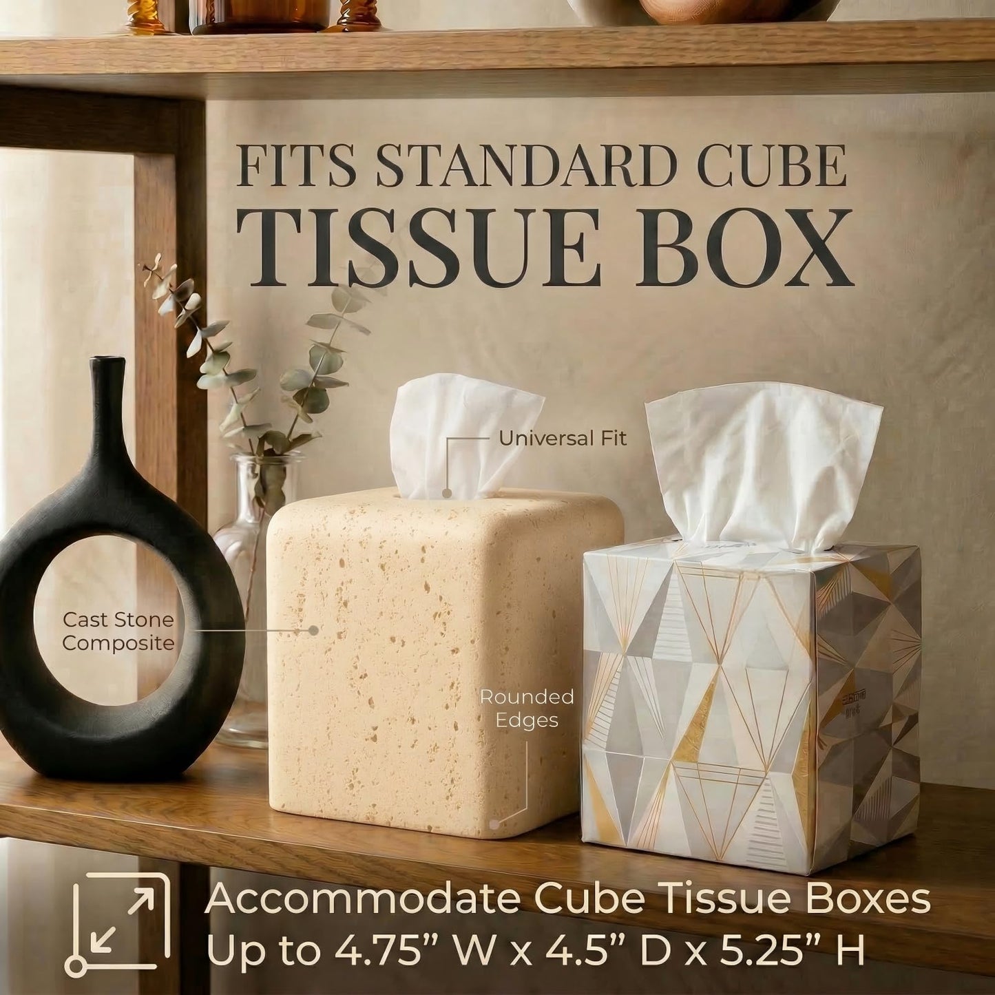 Weighted Travertine Stone Composite Tissue Box Cover Square with Anti-Slip Pads – Artisanal Stone Tissue Holder & Tissue Box Holder for Bathroom, Living Room & Office, Rounded Corners