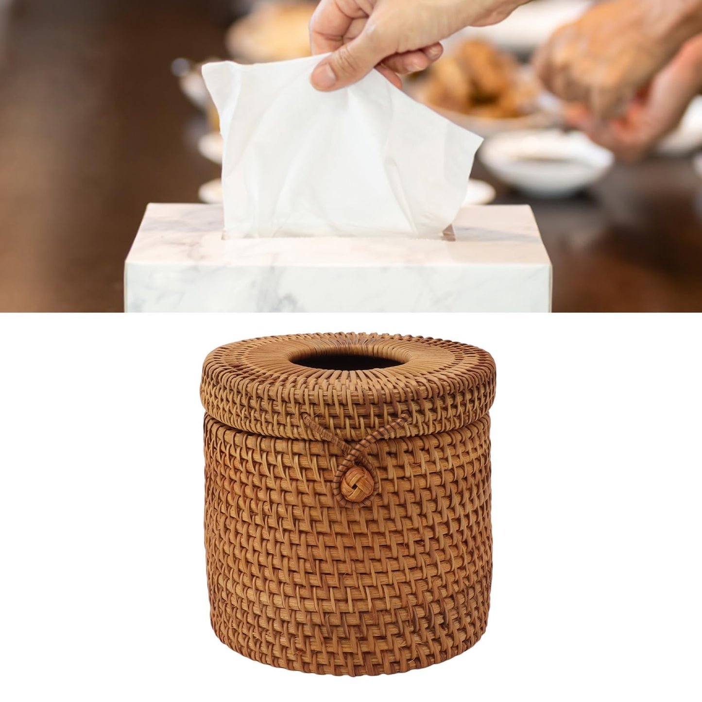 Rattan Tissue Box Cover, Decorative Woven Facial Tissue Holder with Lid Hand Wicker Facial Napkin Holder for Bathroom Toilet Living Room