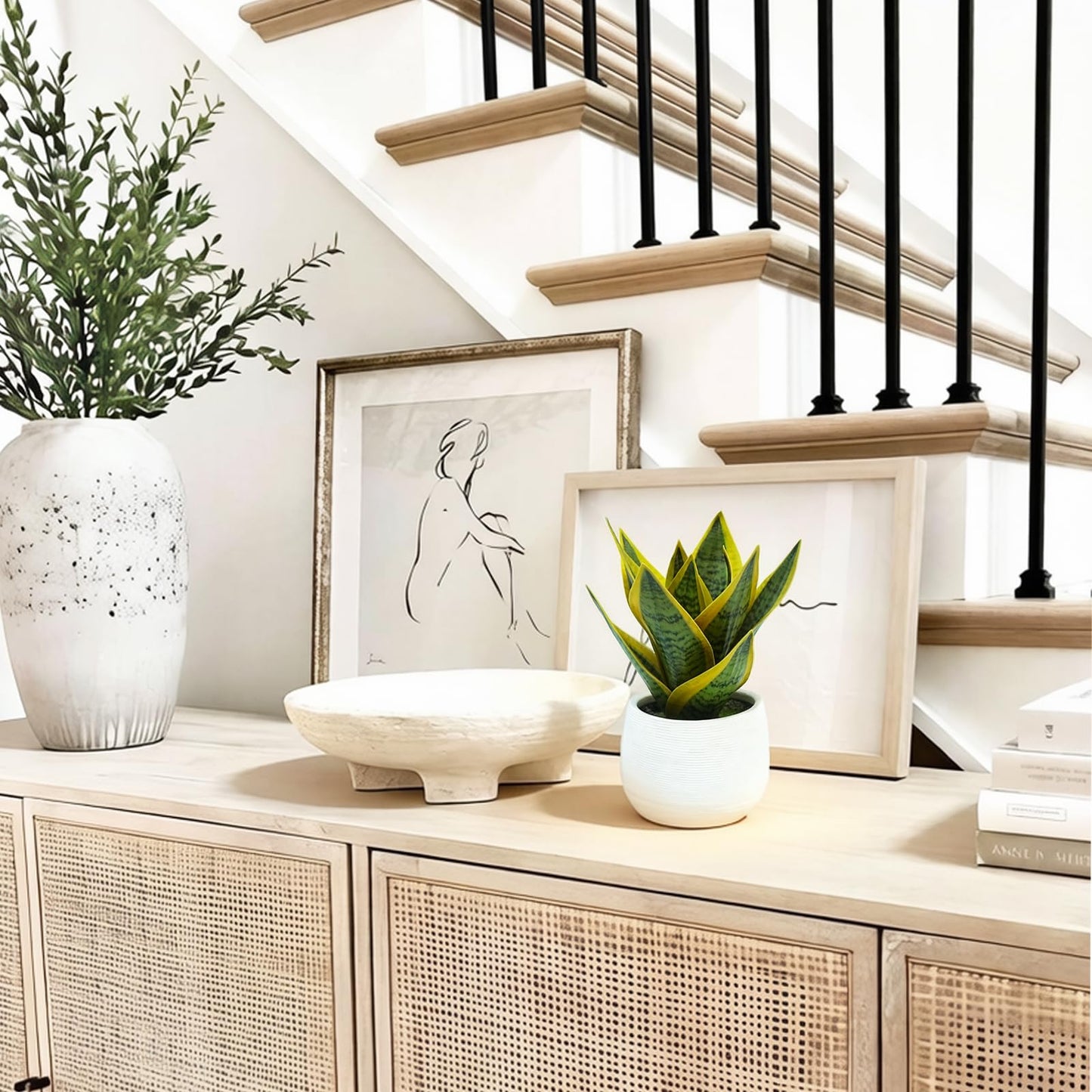 EVERLNESTIO 8" Fake Snake Plant & Faux Agave in White Ceramic Pot | Pet-Friendly Low-Light Sansevieria Greenery, Real Touch Small Fake Plant for Home Office Desk, Bookshelf, Bathroom Decor