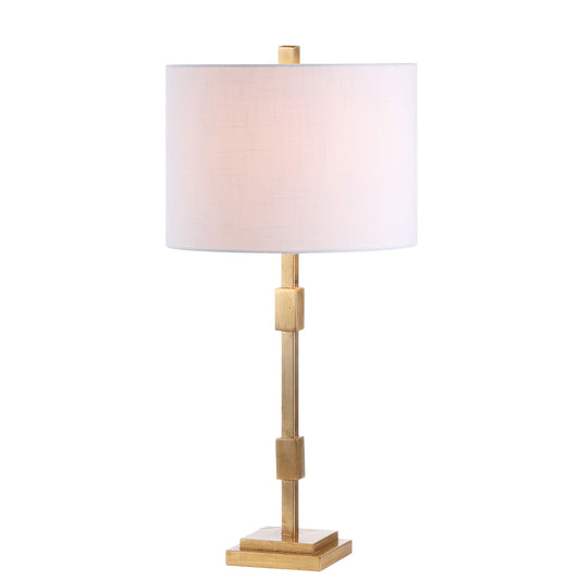 JONATHAN Y 29" Gold Leaf Modern Geometric Column LED Table Lamp, Transitional Iron Desk Lamp for Living Room Bedroom, White Linen Drum Shade, UL Listed, LED Bulb Included JYL3037A