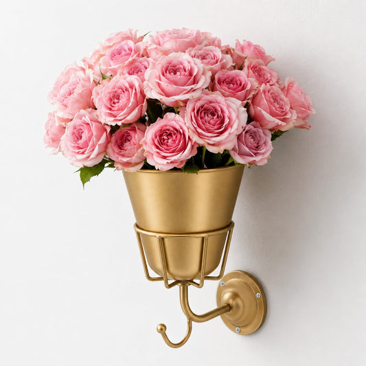 Gold Wall Vase for Flowers, Boho Metal Hanging Vessel, Versatile Organizer Wall Decor for Home Living Room, Bedroom, Bathroom & Kitchen, Office