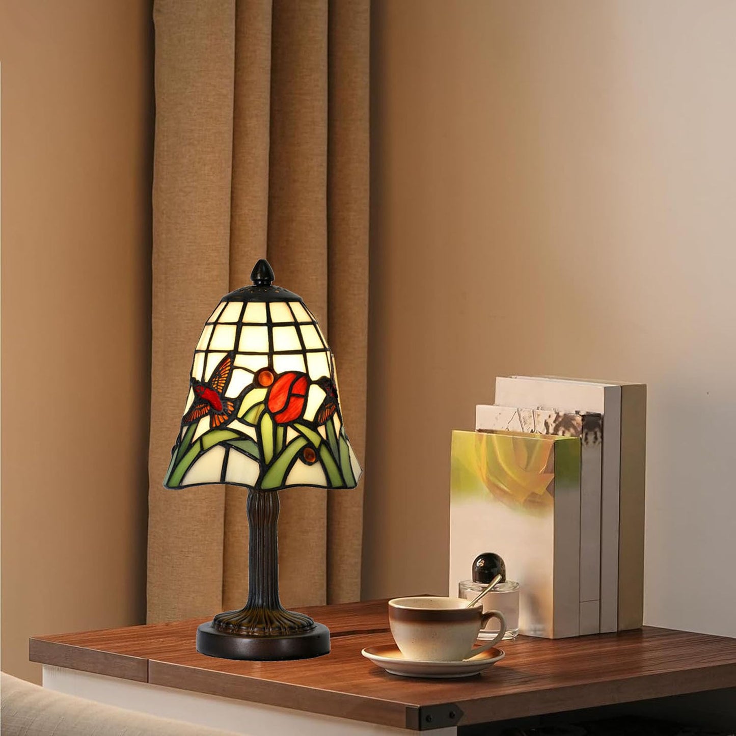 HomeBeauty TL0039 Tiffany Style Mini Table Lamp,Handmade Stained Glass Hummingbird Tulip Accent Lamp,W 6" x H 11.75" Small Desk Lamp for Bedroom Living Room,Nightstand,Coffee Table, LED Bulb Included