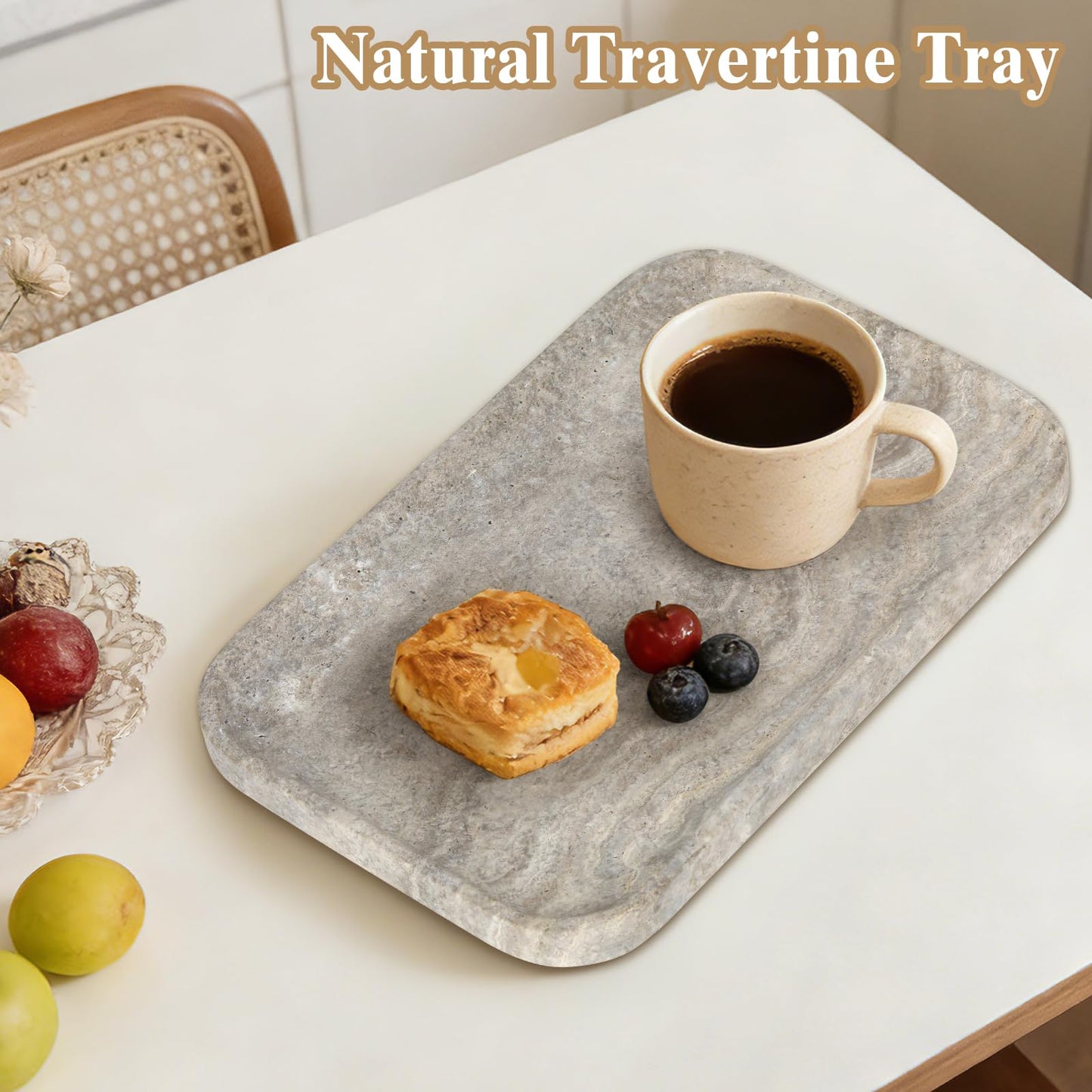 Moujings Natural Travertine Vanity Tray - Decorative Stone Marble Tray for Bathroom Countertop, Elegant Organizer for Home Decor, Jewelry, Candle, Makeup, Kitchen and Dresser Decor