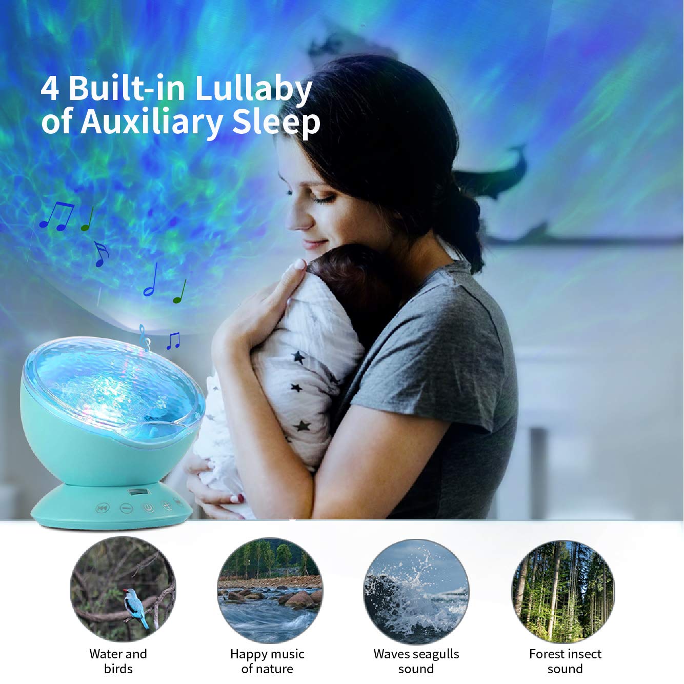 TOMNEW Night Light Projector, Ocean Wave Night Light for Kids Room, Remote and Timer, 8 Light Modes and Bulit-in Sound Machine Equipped with TF Card, Mermaid Decor Birthday Christmas Gifts (Blue)