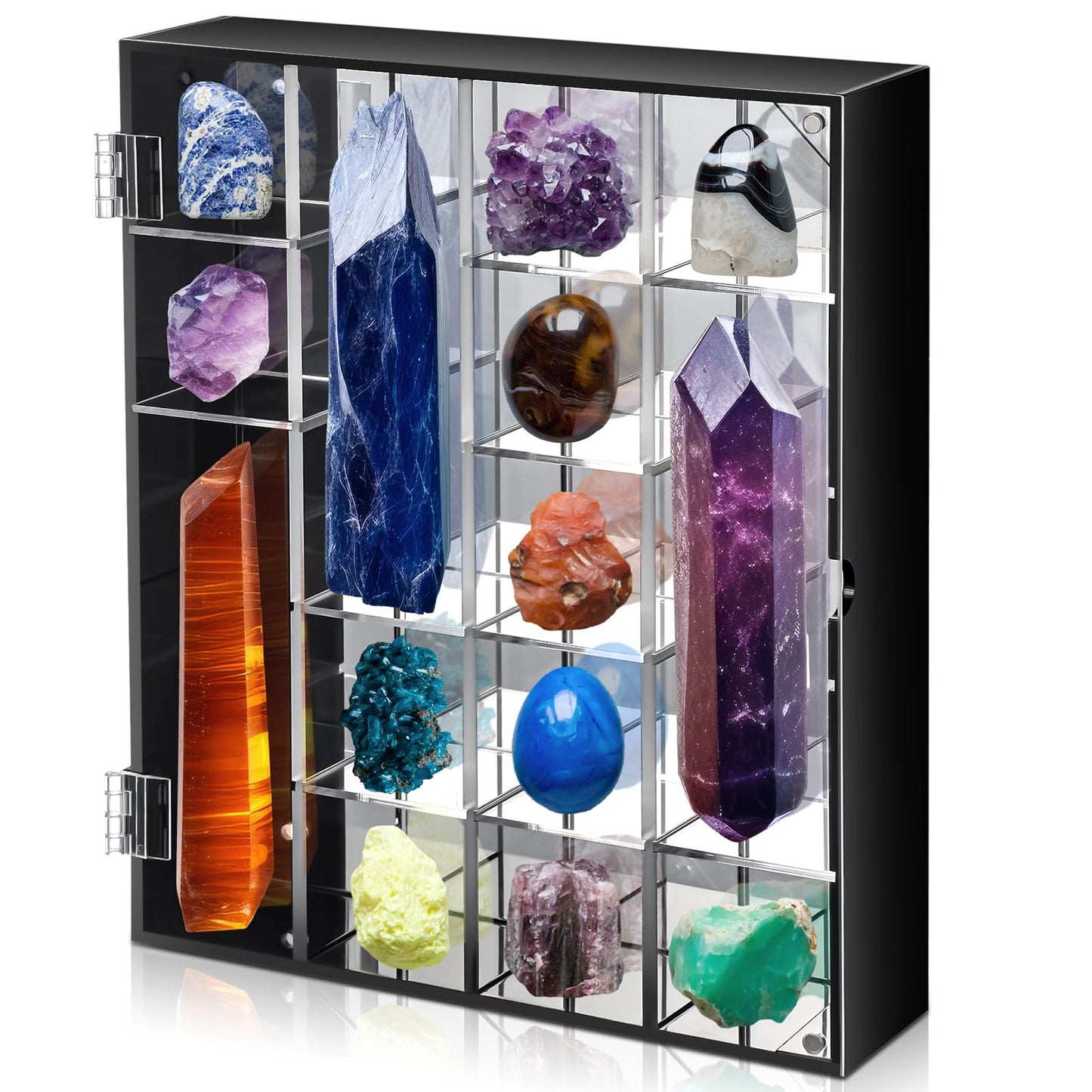Cinnvoice Rock Display Case Adjustable 20 Grids Acrylic Display Case with Mirrored Crystal Organizer for Collectible, Crystal, Stones, Wall Mountable, Magnetic Door(Black Border, Square)