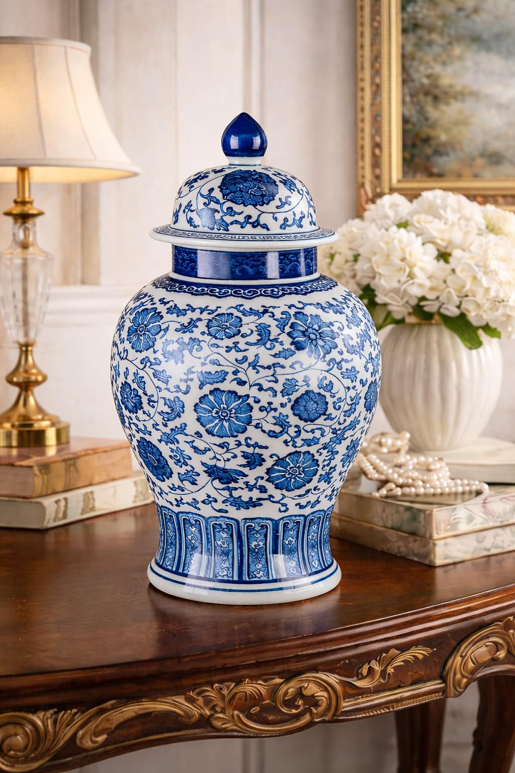 20" Classic Blue and White Porcelain Ceramic Floral Temple Ginger Jar Vase, Large China Ming Style, Jingdezhen