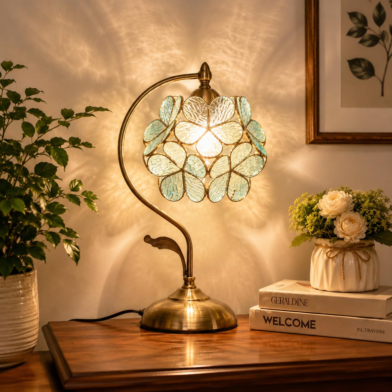 Bieye L10733 Tiffany Style Stained Glass Flower Petal Table Lamp with Brass Base for Home Décor (Light Blue, 8" Cherry Blossom)