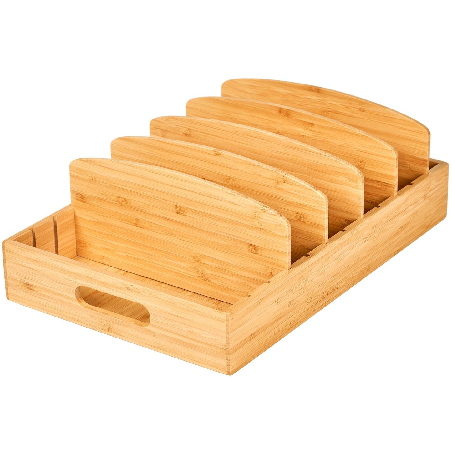 Umilife Extra Large Kitchen Cabinet & Drawer Organizer, Bamboo Lid Holder with 5 Tall Adjustable Dividers, Pantry Organization and Storage for Food Container Lid