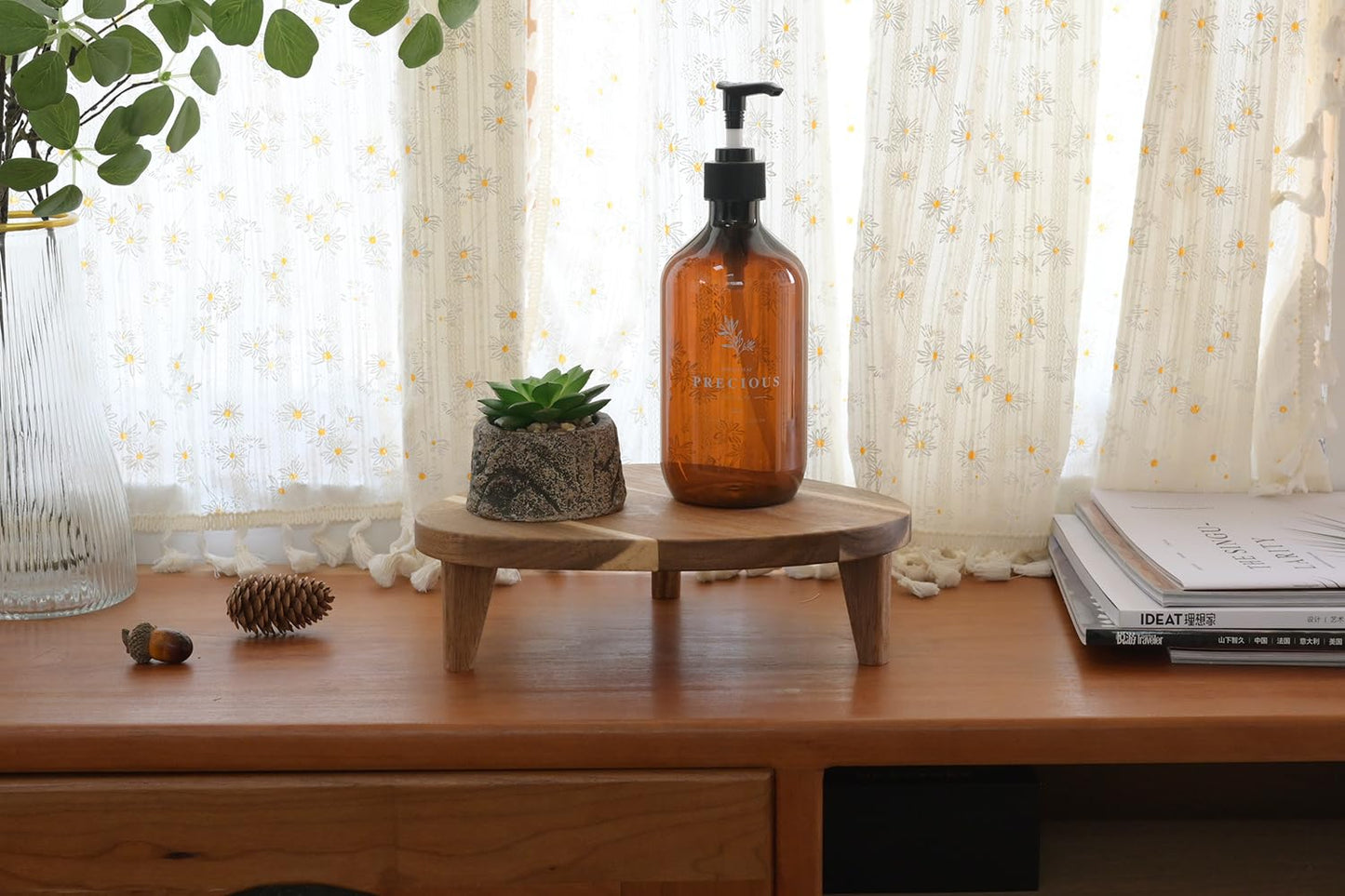 RiLiKar Acacia Wood Corner Pedestal Stand Triangle Decorative Farmhouse Wood Riser for Display Wooden Stand Soap Tray Candle Plant Holder Kitchen Bathroom Coffee Bar Counter Organizer