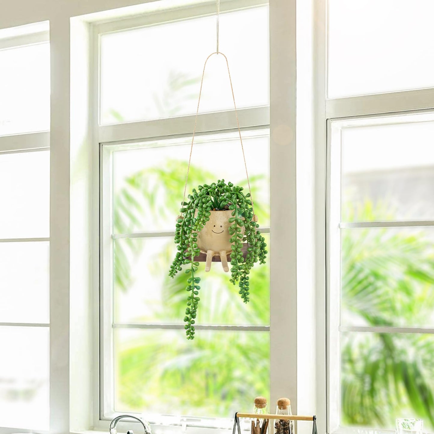 LUZOGA Artificial Hanging String of Pearls Succulent in Cute Smiley Face Swing Planter, Fake Trailing Succulent Plant for Indoor Outdoor Home Wall & Window Decor | Includes Hanging Hook
