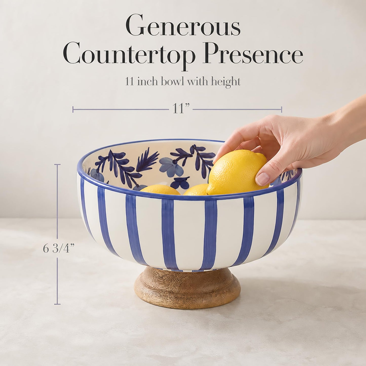 Mud Pie Blue Ceramic and Wood Pedestal Bowl