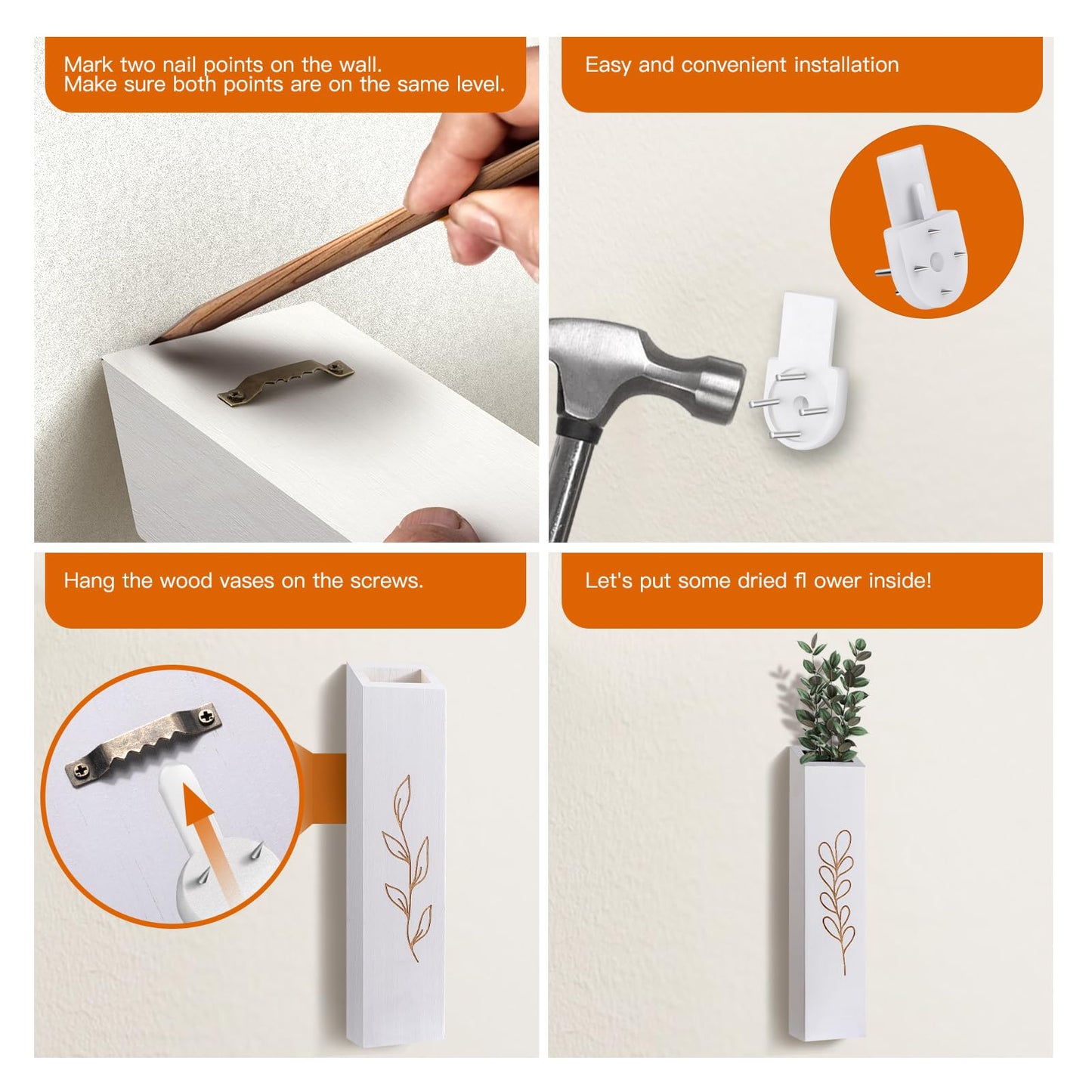 BOTOP Wood Wall Planter, Farmhouse 4 Pack Indoor Pocket Wall Vases Decor for Living Room Bedroom Dried Flowers Faux Greenery Plants (White)
