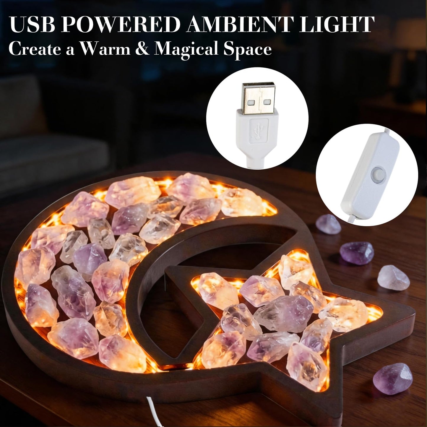 Wooden Crystal Display Holder,Moon and Stars Crystal Rock Holders for Display with LED,Crystal Tray Storage for Healing Stones and Gem - Wiccan Decor and Witchy Gifts (Brown)