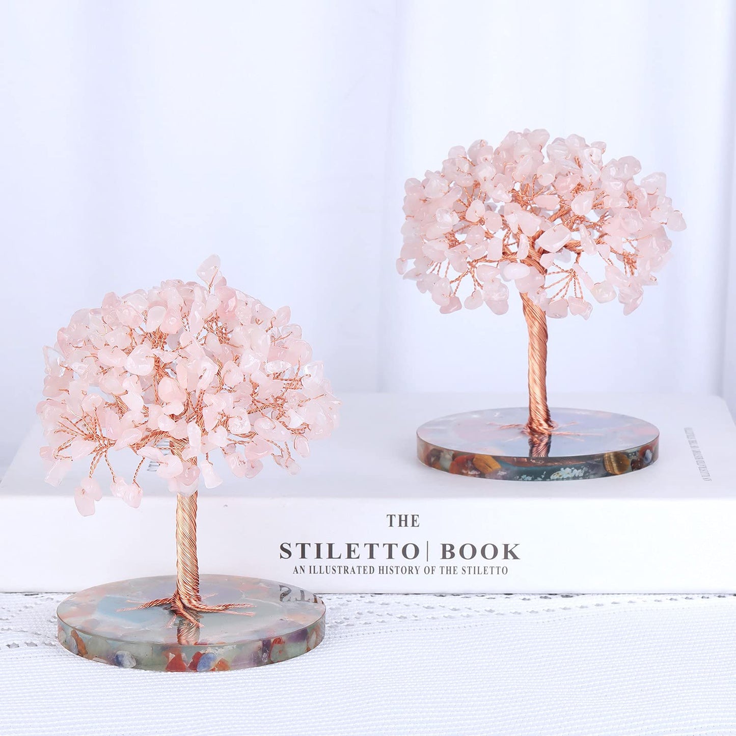 mookaitedecor Rose Quartz Crystal Tree with Agate Slice Base Money Tree