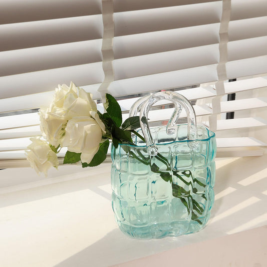 Glass vase - 10.6 inch Handbag-Shaped Woven vase That can be Filled with Water to Serve as a Fish Tank. Customized Gift Box Packaging is Available- Blue