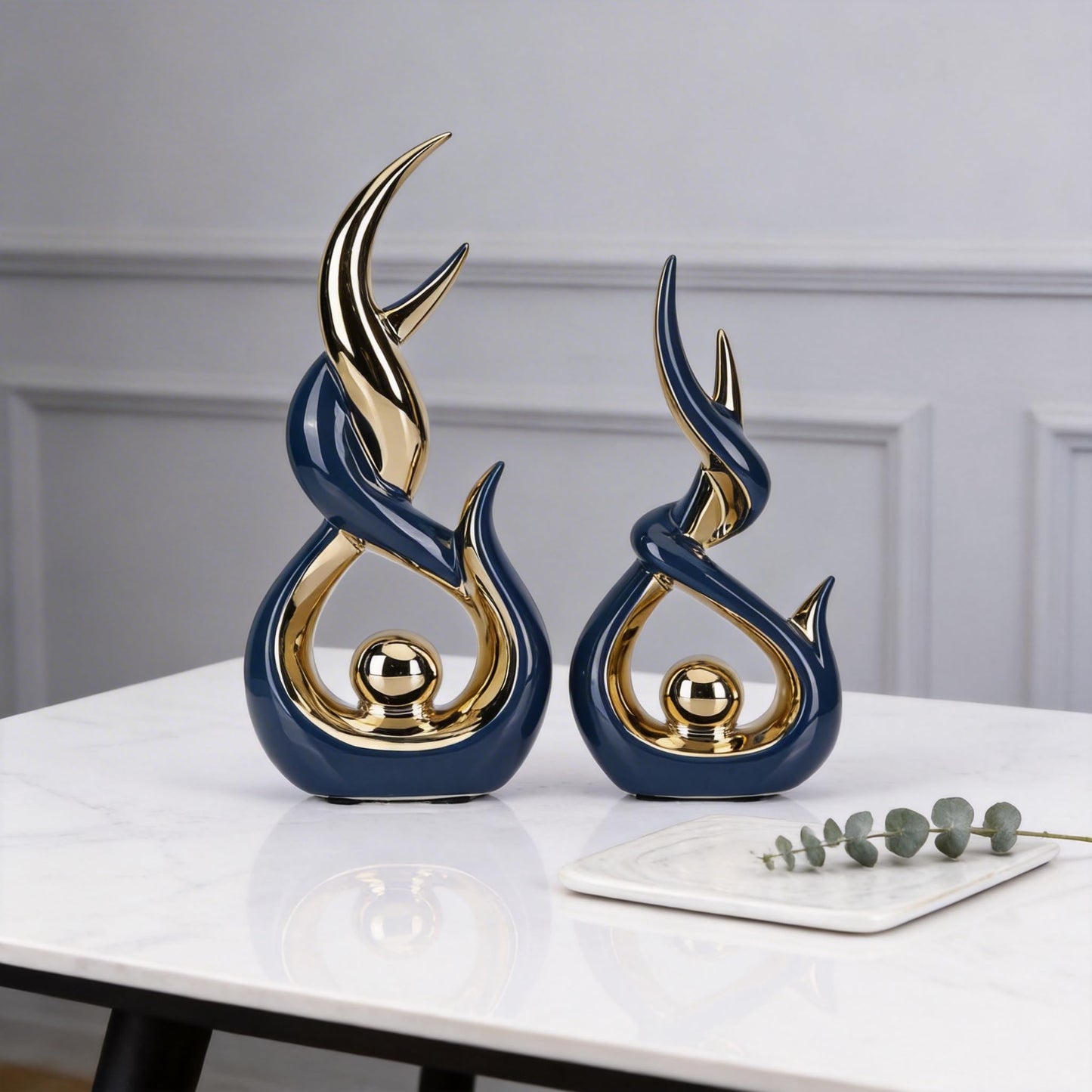 Blue and Gold Ceramic Abstract Sculpture Set of 2 Modern Medieval Style Sculpture Ideal for living room decor Serves as tabletop ornament for coffee tables, TV stands, mantelpieces, and entryways.