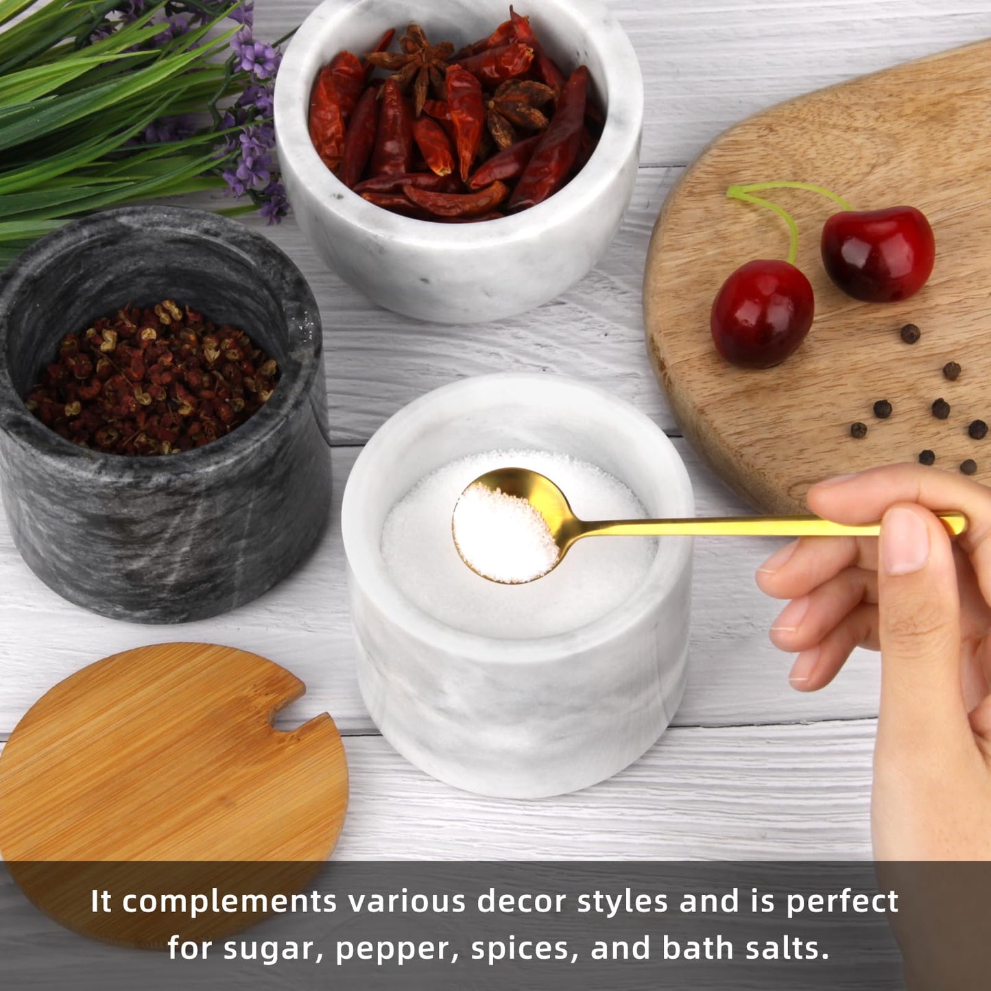 HESHIBI Marble Salt Cellar Box with Bamboo Lid & Metal Spoon, Modern Stone Salt or Pepper Sugar Spice Seasoning Bowl Container Jar Holder Well Keeper Dish Pig Crock for Kitchen (Light Grey)