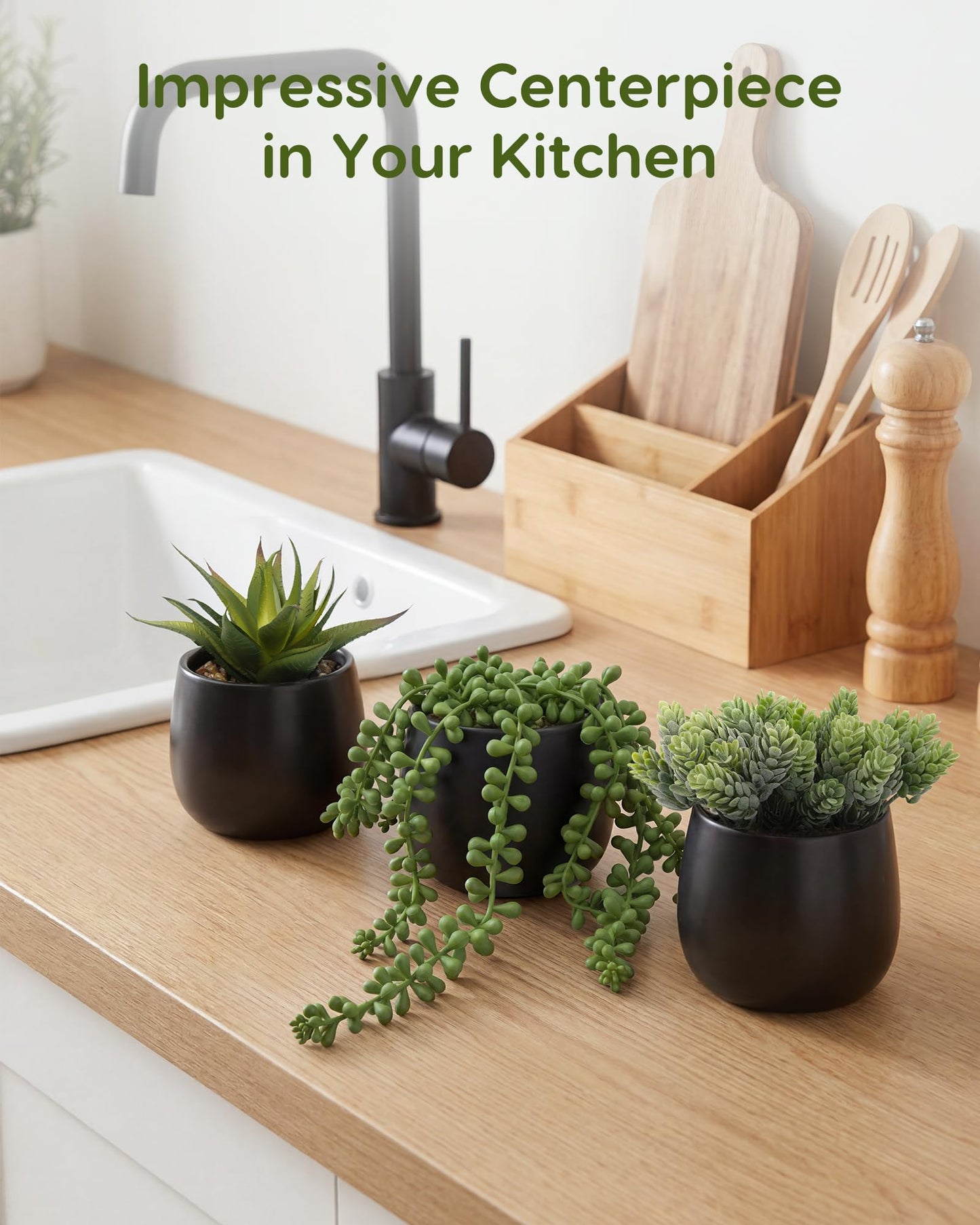Velener Artificial Succulents Plants in Black Pots (Set of 3) - Faux String of Pearls, Aloe & Sedum Potted Plants Small Fake Plants Indoor for Home Office Table Desk Shelf Kitchen Bathroom Decor