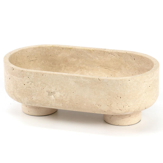 LIN CHUAN Natural Oval Travertine Stone Fruit Bowl for Kitchen Counter | Two-Legged Decorative Pedestal Bowl for Dining Table Decor, 10" Luxury Entryway Catchall Purse Bowl - Travertine