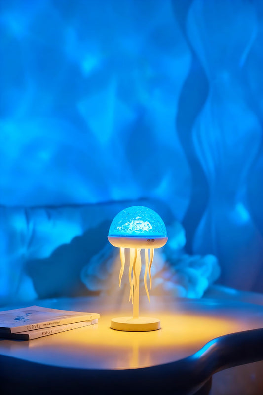 YzzYzz Jellyfish Lamp with Ocean Wave Projector Light, 2-in-1 Rechargeable Night Light with Remote, 3D Water Ripple Color Changing Lamp for Bedroom, Kids Room