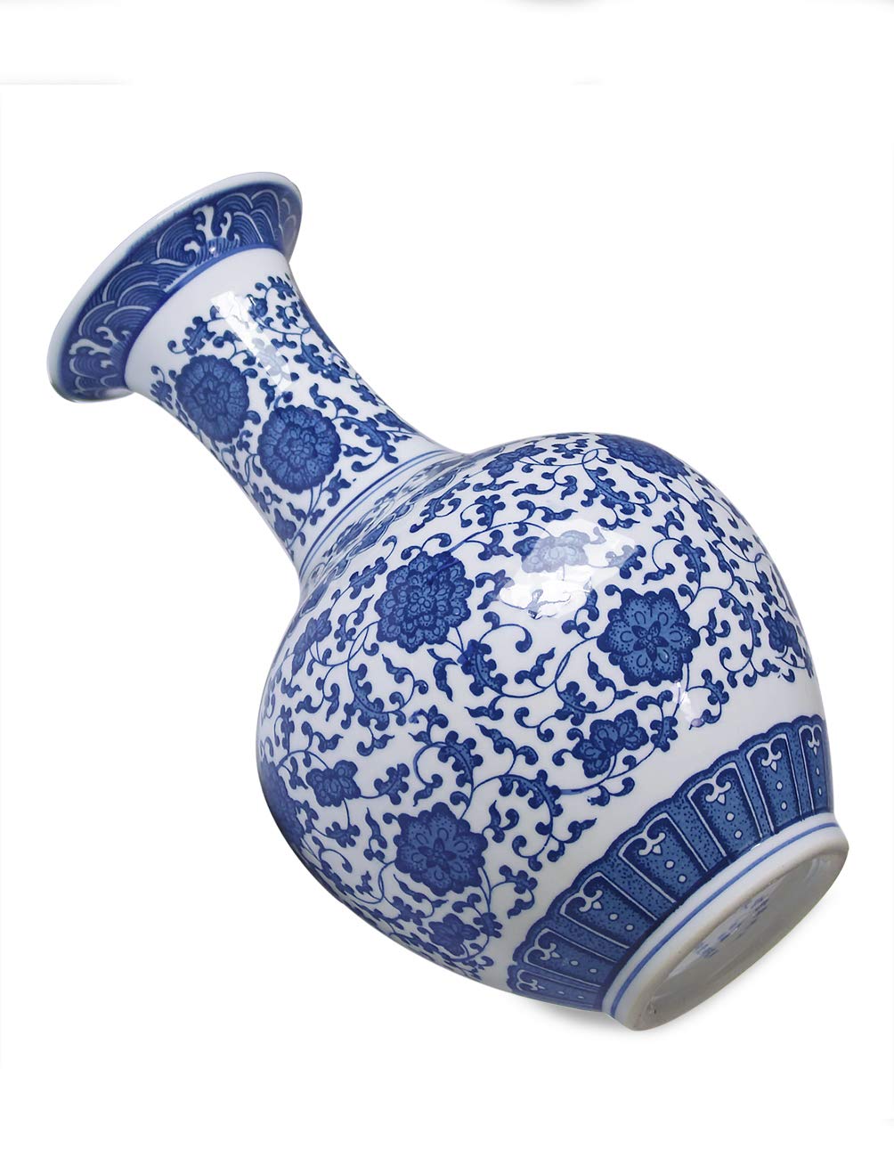 Dahlia Blue and White Vase, Handmade Chinese Porcelain Flower Vase, Lotus Motif, Chinese Bottle Shape 13.5 Inches