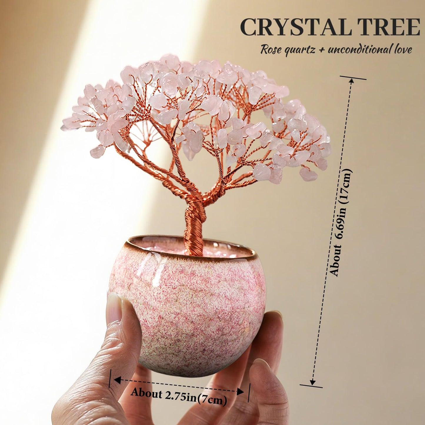 Runyangshi Crystal Tree of Life - Natural Rose Quartz Gemstone Tree, Handcrafted with 216 Crystal Gravel, for Feng Shui, Luck, Prosperity, Abundance, Home Decor, Spiritual Gift for Women