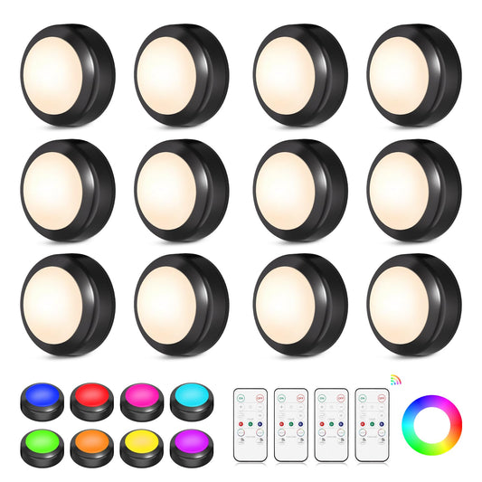 Ahuledlight LED Puck Lights with Remote Control, 16 Color Changing Wireless Under Cabinet Lighting with Dimmer & Timer, AAA Battery Operated,Under for Closet Bedroom Kitchen, Stair (12 Pack Black)