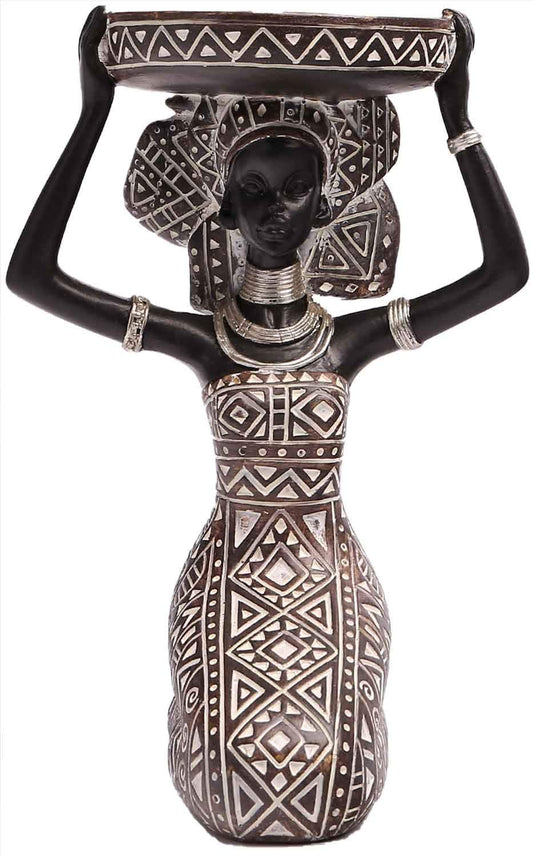 African Lady Figurine Candle Holder with African Tribal Totem for Wedding, Holiday Decor-African Decorative Women Statues, Candlestick Holder for Home and Table Decor(753-Brown)