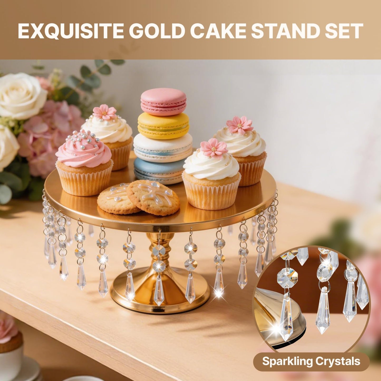 sansaieco 3 PCS Gold Cake Stand Set with Crystal Pendants - Dessert Table Display Set, Dazzling Metal Cake Holder Stand for Wedding, Party, Birthday, Baby Shower, Event Bridal Celebration